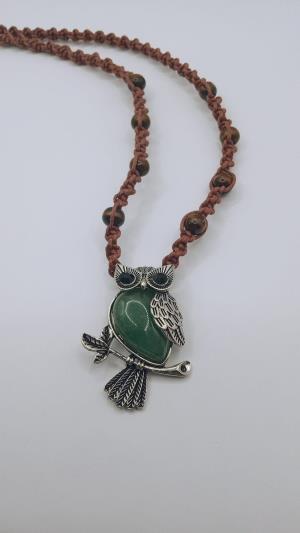 Green Gemstone Owl Hemp Necklace